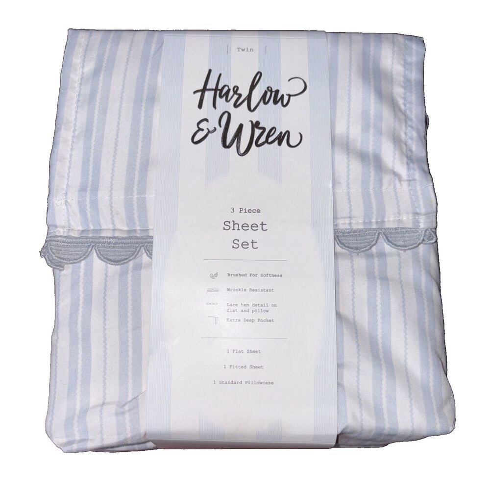 Harlow & Wren Twin 3pc Sheet Set Blue White Stripe Lace Trim NEW *Read